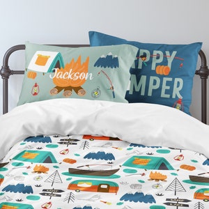 Happy Camper Bedding Set, Camp Boy Bedroom, Boys Bedding, Fishing, Comforter, Duvet Cover, Toddler, Twin, Full, Queen, King, Pillowcase, Boy