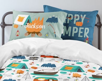 Happy Camper Bedding Set, Camp Boy Bedroom, Boys Bedding, Fishing, Comforter, Duvet Cover, Toddler, Twin, Full, Queen, King, Pillowcase, Boy