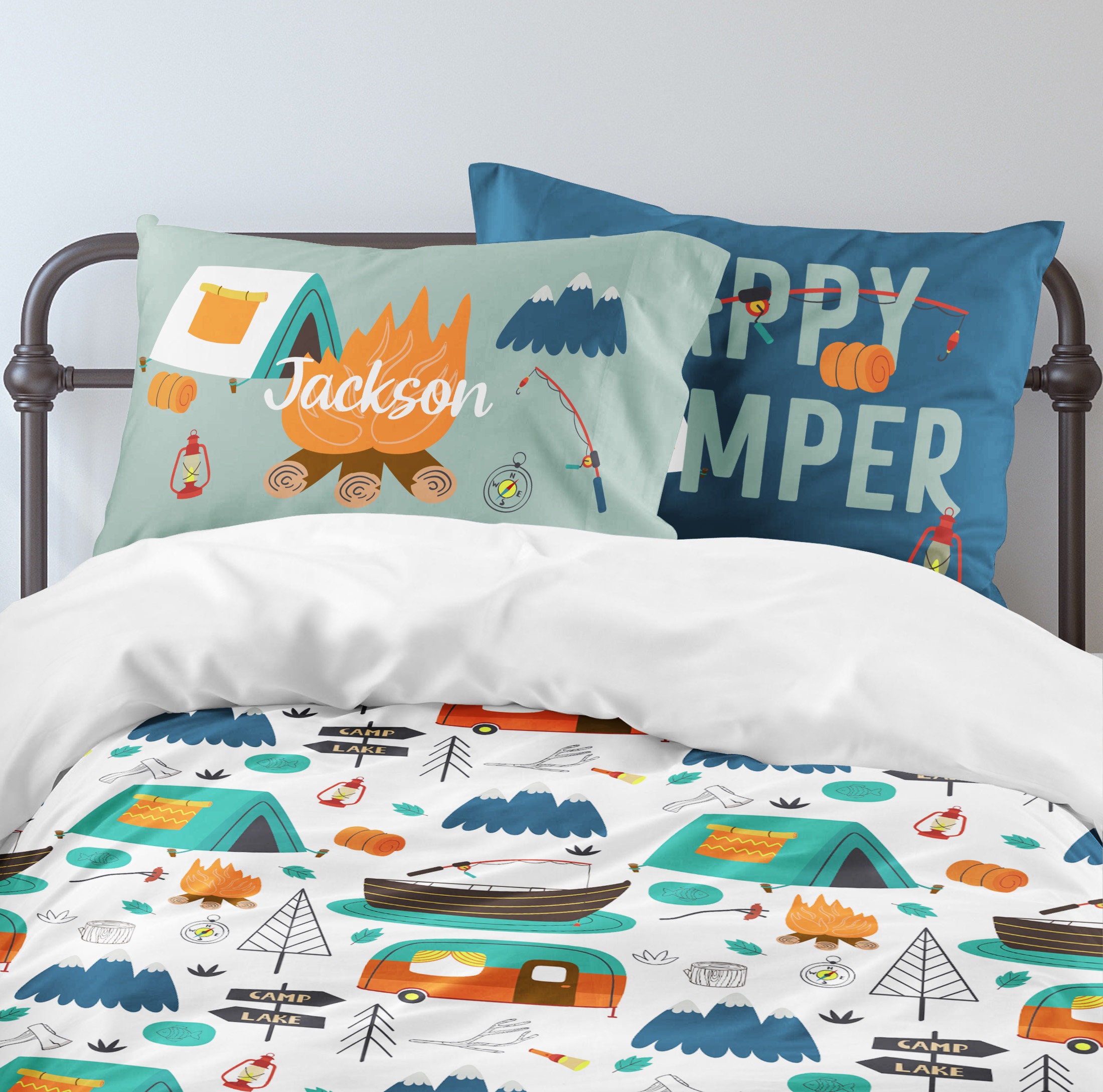 Happy Camper Bedding Set, Camp Boy Bedroom, Boys Bedding, Fishing, Comforter,  Duvet Cover, Toddler, Twin, Full, Queen, King, Pillowcase, Boy 