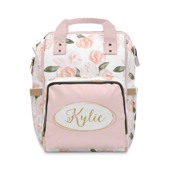 Sac à langer personnalisé pour bébé fille, sac à dos, aquarelle florale  rose, décoration de chambre d'enfant, cadeau de shower de bébé fille, sac à  langer floral, rose et or 