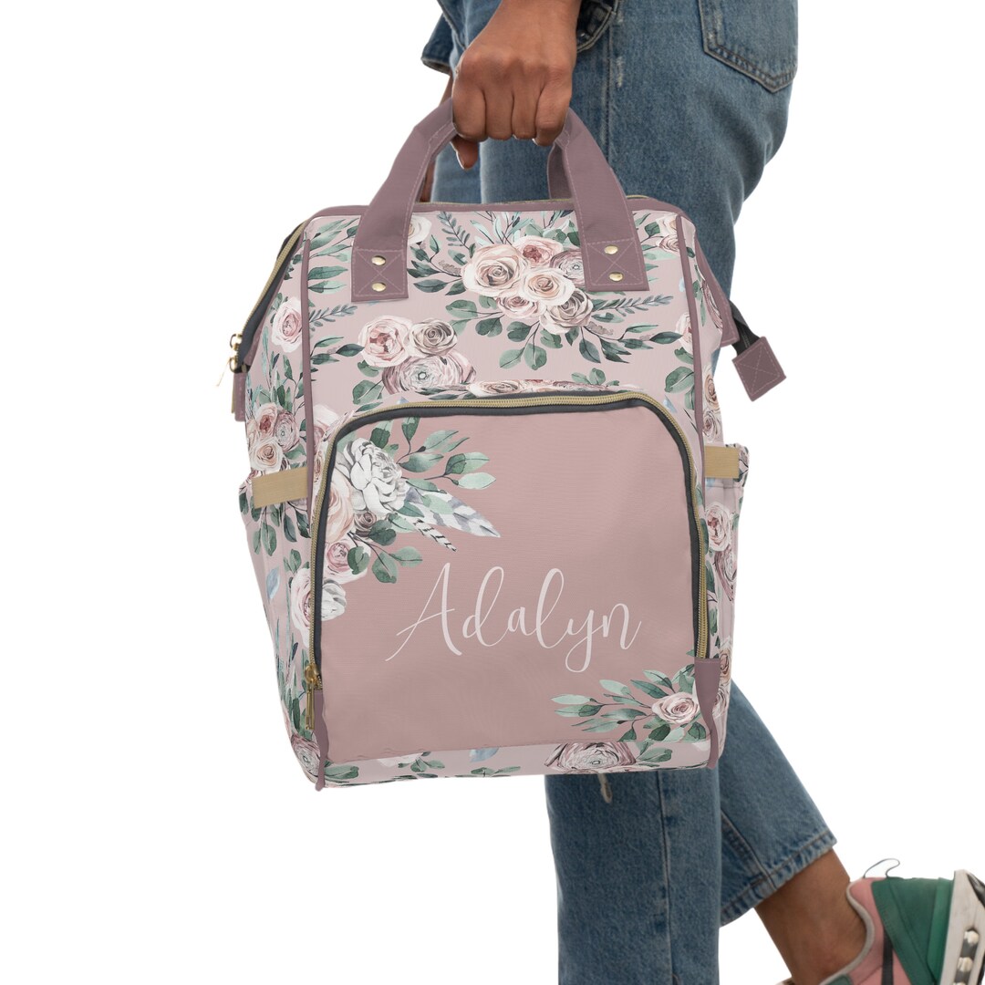 Personalized Baby Girl Diaper Bag, Backpack, Boho Rose, Pink Boho