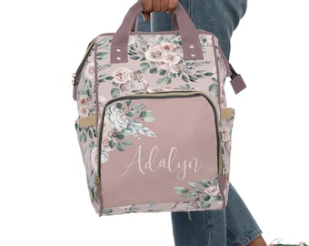 Personalized Baby Girl Diaper Bag, Backpack, Boho Rose, Pink Boho Nursery Decor, Baby Girl Shower Gift, Floral Diaper Bag, Boho Rose