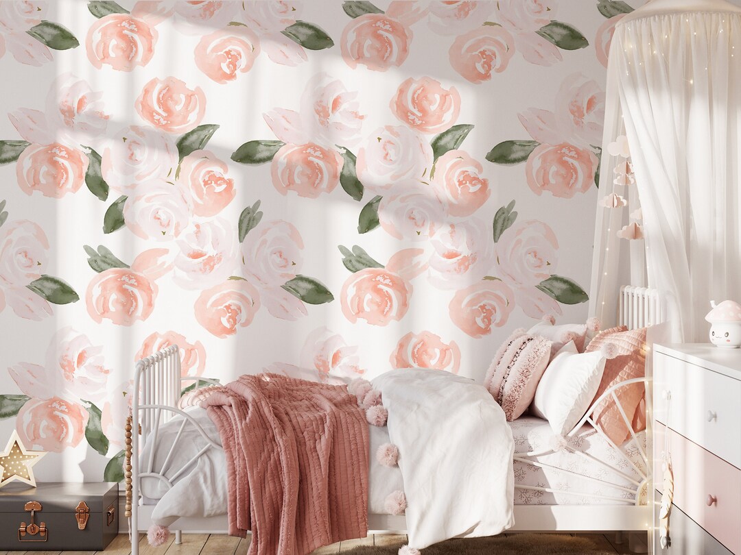 Peel and Stick Blush Floral Wallpaper, Blush Pink, Watercolor, Large
