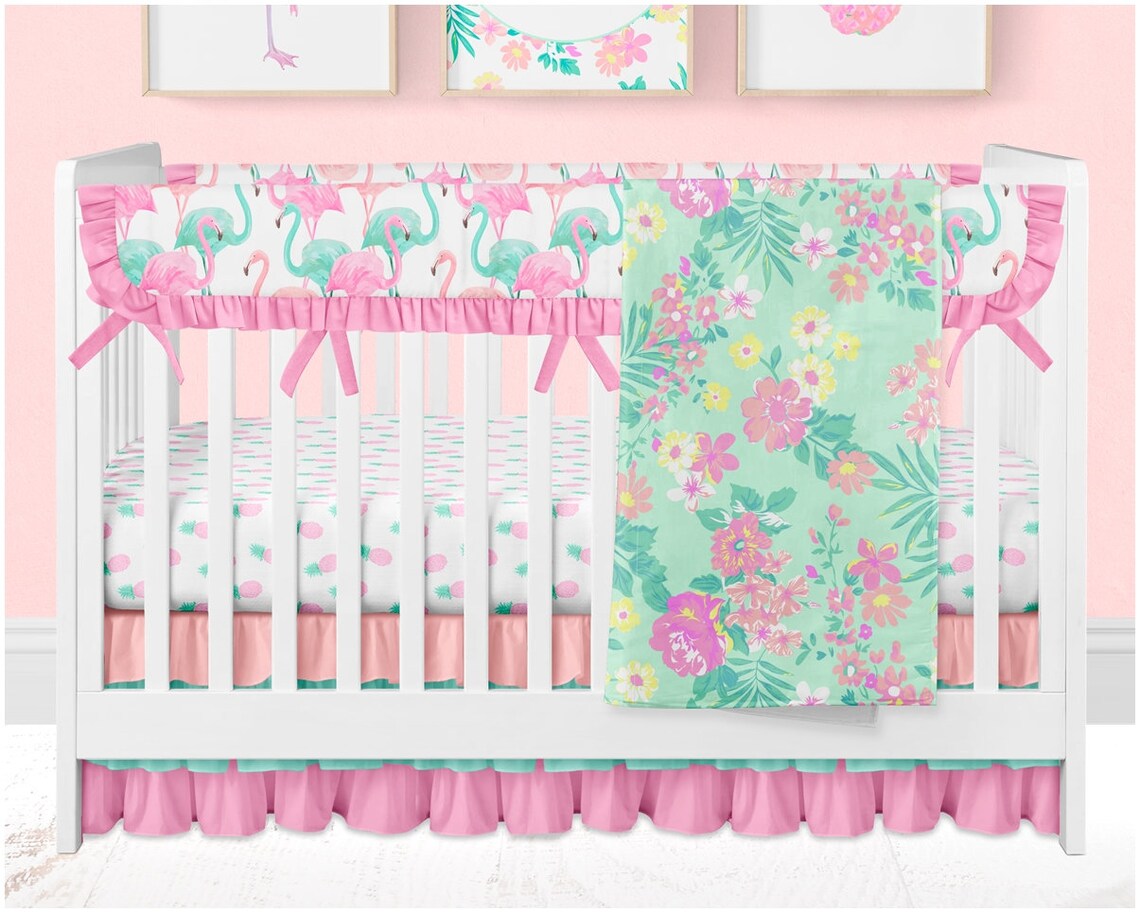 Flamingo Baby Nursery Girl Crib Bedding Set Floral Baby Etsy