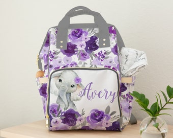 Personalized Diaper Bag, Backpack, Baby Girl, Purple Nursery Decor, Elephant Baby Girl Shower Gift, Floral Diaper Bag, Floral Nursery