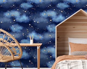 Navy Blue Starry Night Wallpaper for your Baby Nursery or Kids Room, Peel and Stick Gold Stars on a Cloudy Night Sky