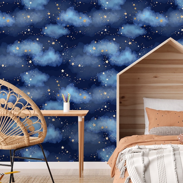 Navy Blue Starry Night Wallpaper for your Baby Nursery or Kids Room, Peel and Stick Gold Stars on a Cloudy Night Sky