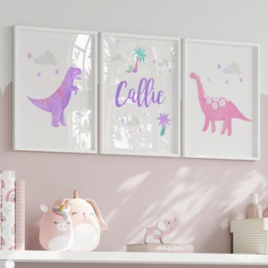 Láminas de dinosaurios rosas para habitación infantil: decoración para habitación de niña, juego de 3