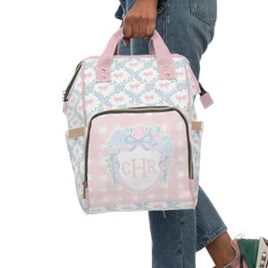 Grandmillennial Monogrammed Baby Girl Diaper Backpack: Pink Plaid Preppy Nursery Decor with Bows
