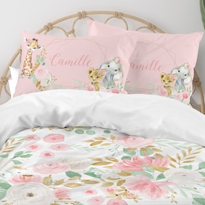 Girl Jungle Bedding Set, Pink Floral Room Decor, Safari Toddler Girl Bedding, Twin Comforter, Queen, King, Personalized, Pillowcase Set