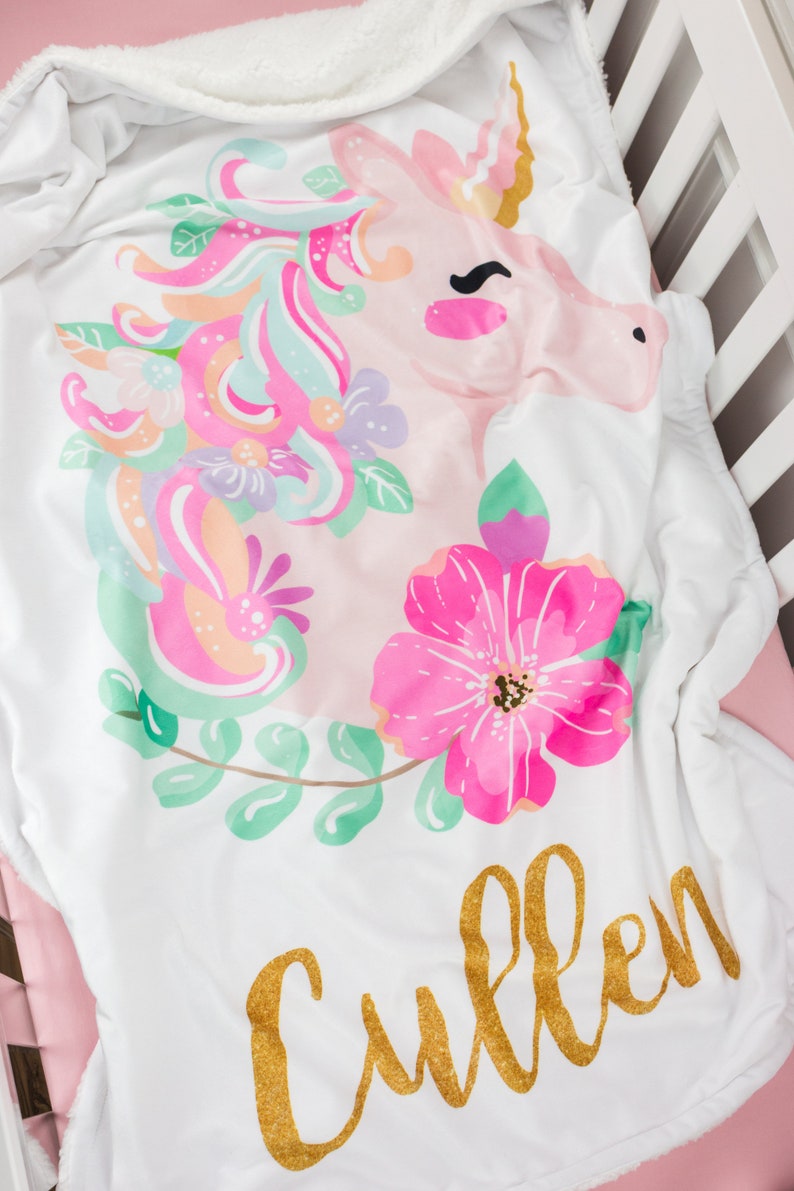 Personalized Unicorn Baby Blanket Baby Bedding Sherpa Minky Blanket Baby Shower Gift Crib Bedding Pink Unicorn Gift Baby Girl Nursery