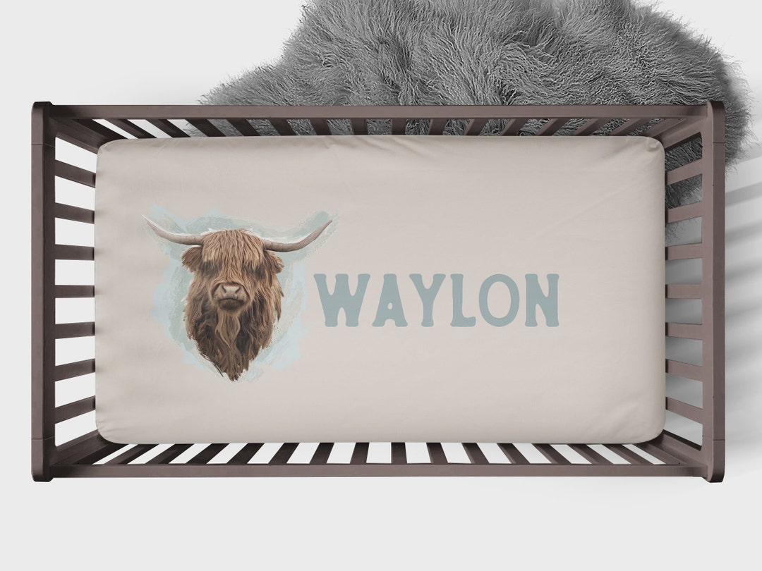 Boy Crib Sheet, Toddler, Highland Cow, Tribal Nursery, Personalized