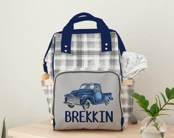 Personalized Diaper Bag for Baby Boy, Backpack, Navy Plaid, Vintage Truck Nursery Decor, Baby Boy Shower Gift, Baby Hospital Bag, Toddler