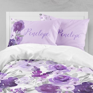 Bloemen beddengoedset, paars meisjesbeddengoed, lila beddengoed, grijze bloemen, dekbedovertrek, dekbed, tweeling, koningin, koning, kussensloopset, gepersonaliseerd