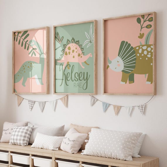 Dinosaur Nursery Art Prints: Personalized Dino Girl Decor