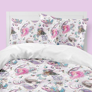 Mermaid Twin Bedding, Girls Room, Toddler Comforter, Duvet, Seashell, Kid Bedding Set, Queen, King, Pillowcase Set, Toddler Room, Purple