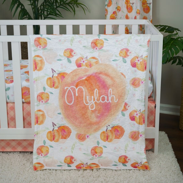 Girl Crib Bedding, Peaches Baby Blanket, Personalized Crib Sheet, Peach Baby Girl Nursery Decor, Baby Shower Gift, Baby Girl Gift. Plaid
