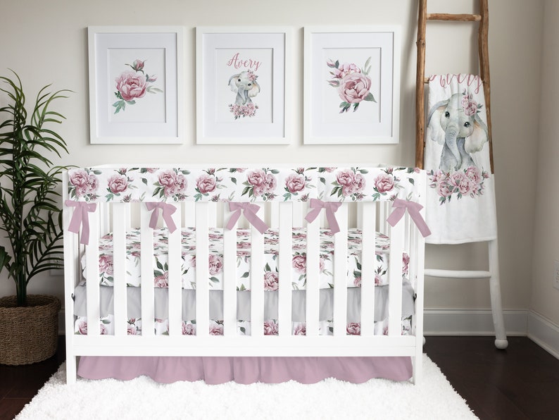 Floral Girl Crib Bedding Elephant Baby Bedding Set Peony Etsy