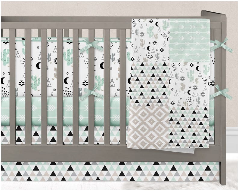Boy Crib Bedding Tee Baby Gender Neutral Set Cactus Tribal Mint Black White Tan Arrows Triangles Aztec