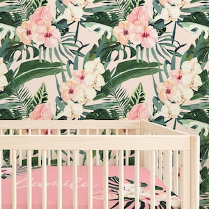 Tropical Floral Wallpaper, Pink, Removable Wallpaper, Peel and Stick, Nursery Wallpaper, Hawaiian, Girl Crib Bedding, Girl Nursery Decor