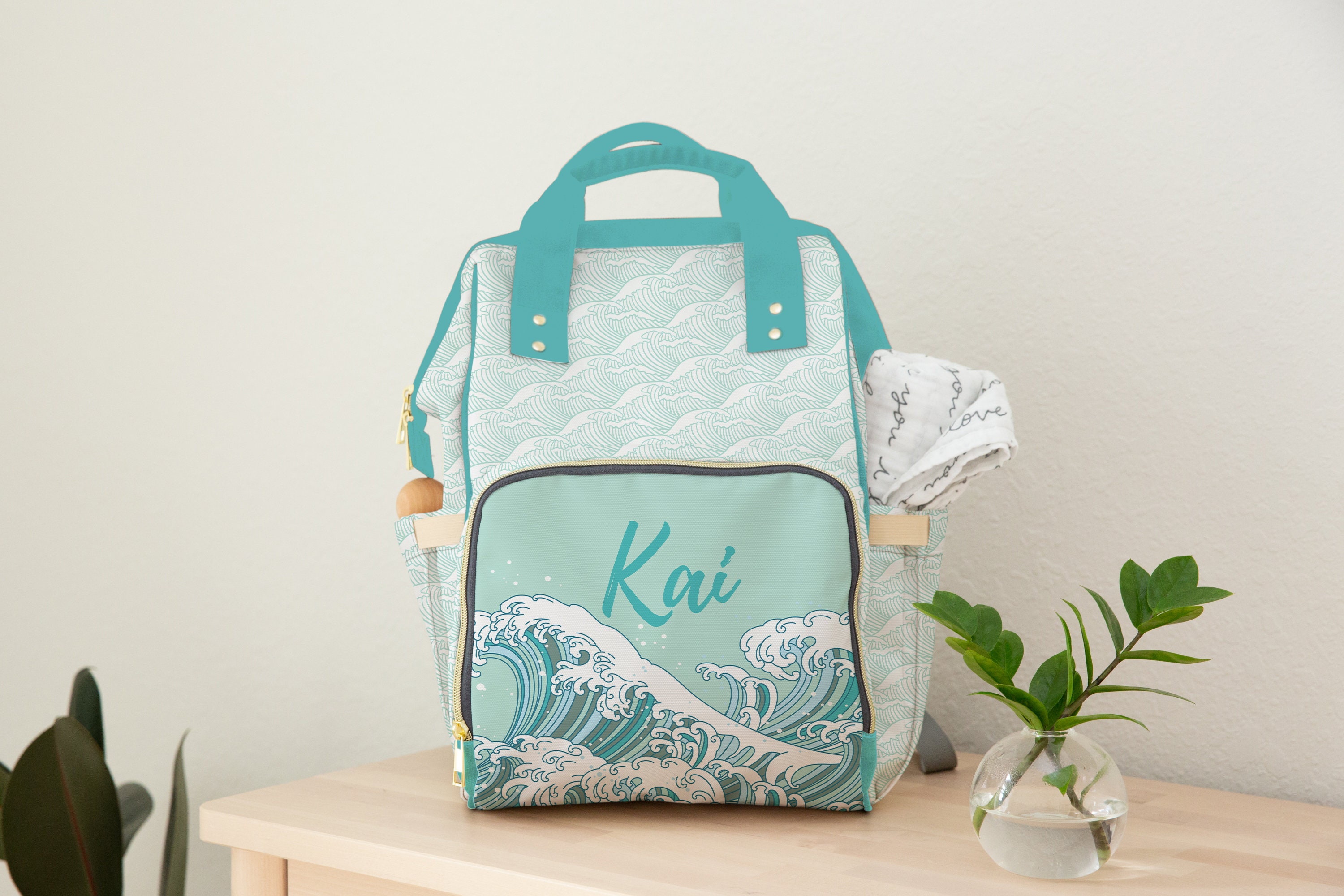 Personalized Ocean Diaper Bag, Backpack, Baby Boy, Coastal Nursery Decor, Waves Baby Boy Shower Gift, Neutral Diaper Bag, Surfer Nursery