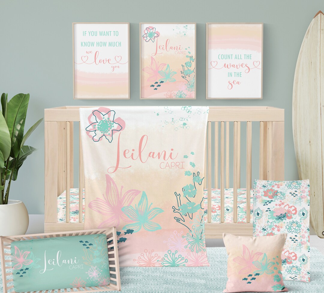 Ocean Floral Baby Girl Crib Bedding Set for Your Coastal Baby Nursery Decor Coral and Mint