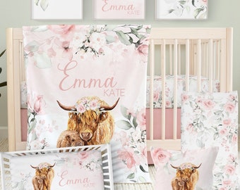 Baby Girl Pink Crib Bedding Set, Highland Cow Nursery Bedding, Floral Baby Bedding, Western Nursery Decor, Cowgirl, Nursery Pillow, Hyland