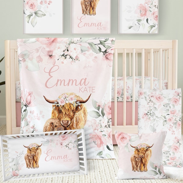 Baby Girl Pink Crib Bedding Set, Highland Cow Nursery Bedding, Floral Baby Bedding, Western Nursery Decor, Cowgirl, Nursery Pillow, Hyland