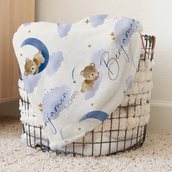 Personalisierte Teddybärdecke, Baby Jungen Geschenk, Kinderzimmer Deko, Baby Shower Geschenk, Kinderdecke, Minky, Fleece, Sherpa, Mond und Sterne Decke