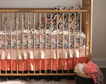 Baby Girl Crib Bedding Set, Leopard Nursery, Salmon, Blush, Black, Gold, Crib Sheet, Ruffled Crib Skirt, Baby Girl Blanket, Nursery Wall Art