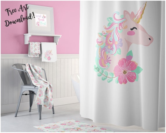 Cartoon Mermaid Unicorn Shower Curtain Liner Bathroom Mat Set Waterproof Fabric 