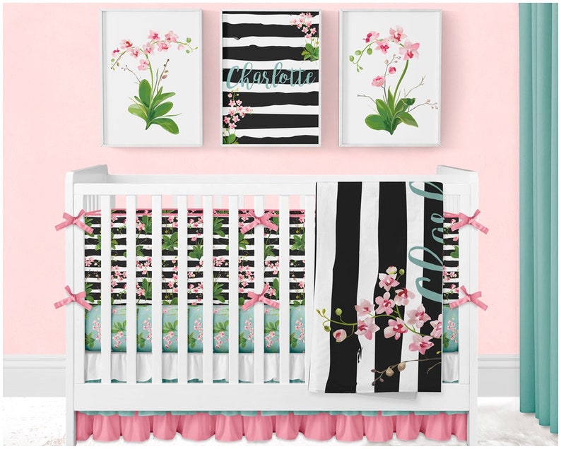 black and pink crib bedding