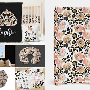 Baby Girl Crib Bedding Set for your Leopard Baby Nursery | Leopard Nursery Decor in Black, Gold, and Coral, Personalized Crib Sheet, Blanket