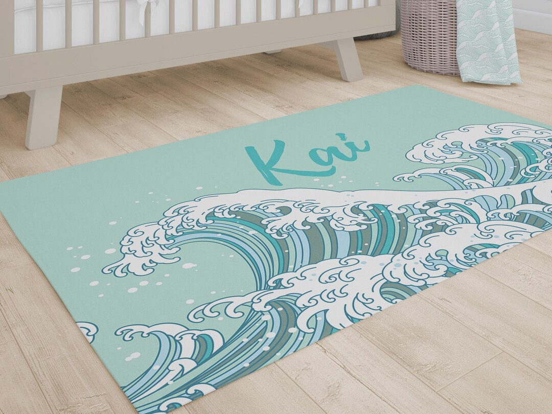 Personalized Ocean Waves Nursery Rug, Baby Boy Nursery Decor, Toddler