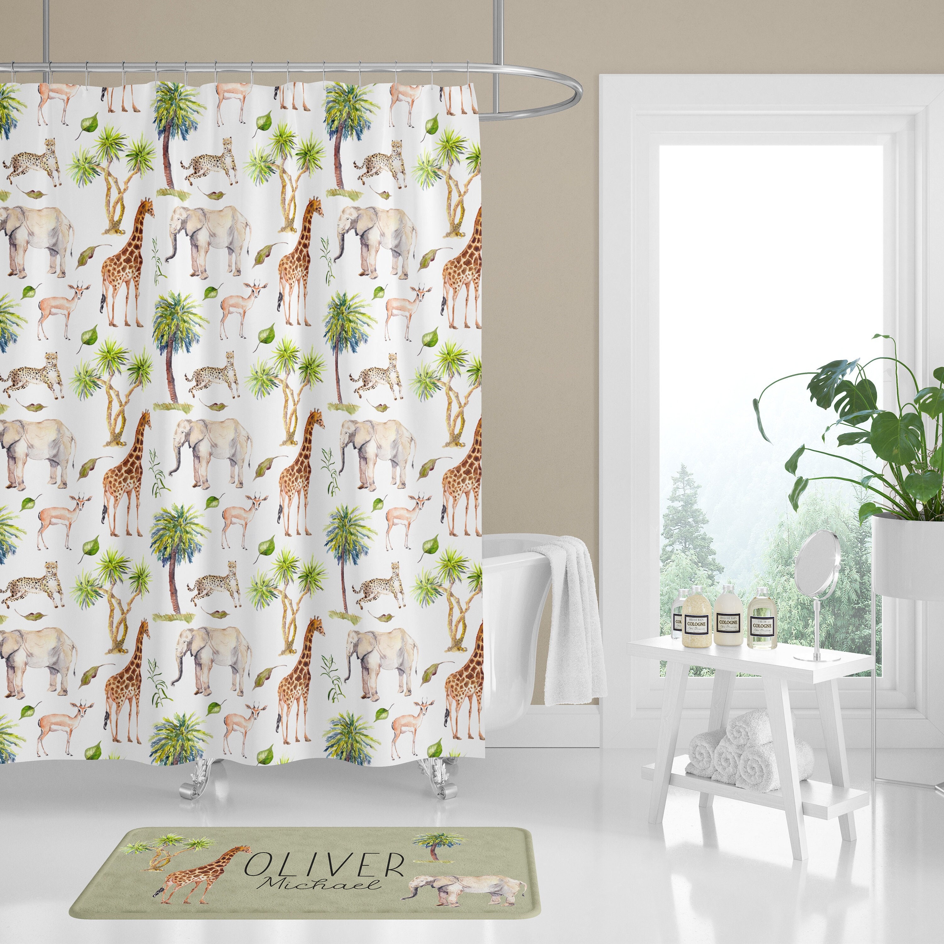 Cortina de ducha y alfombra de baño personalizadas con diseño de safari:  decoración de baño para niños con animales de la selva - Etsy México, image size:3000x3000