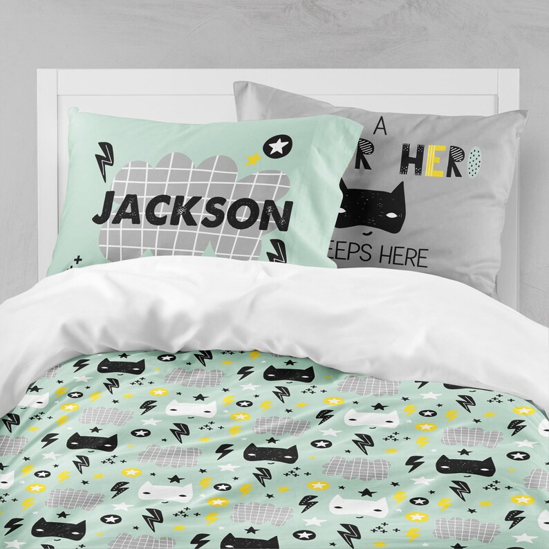 Boy Bedding Set Super Hero Toddler Comforter Twin Queen Duvet Cover Pillowcase Boys Room Batman Modern Kids Black White