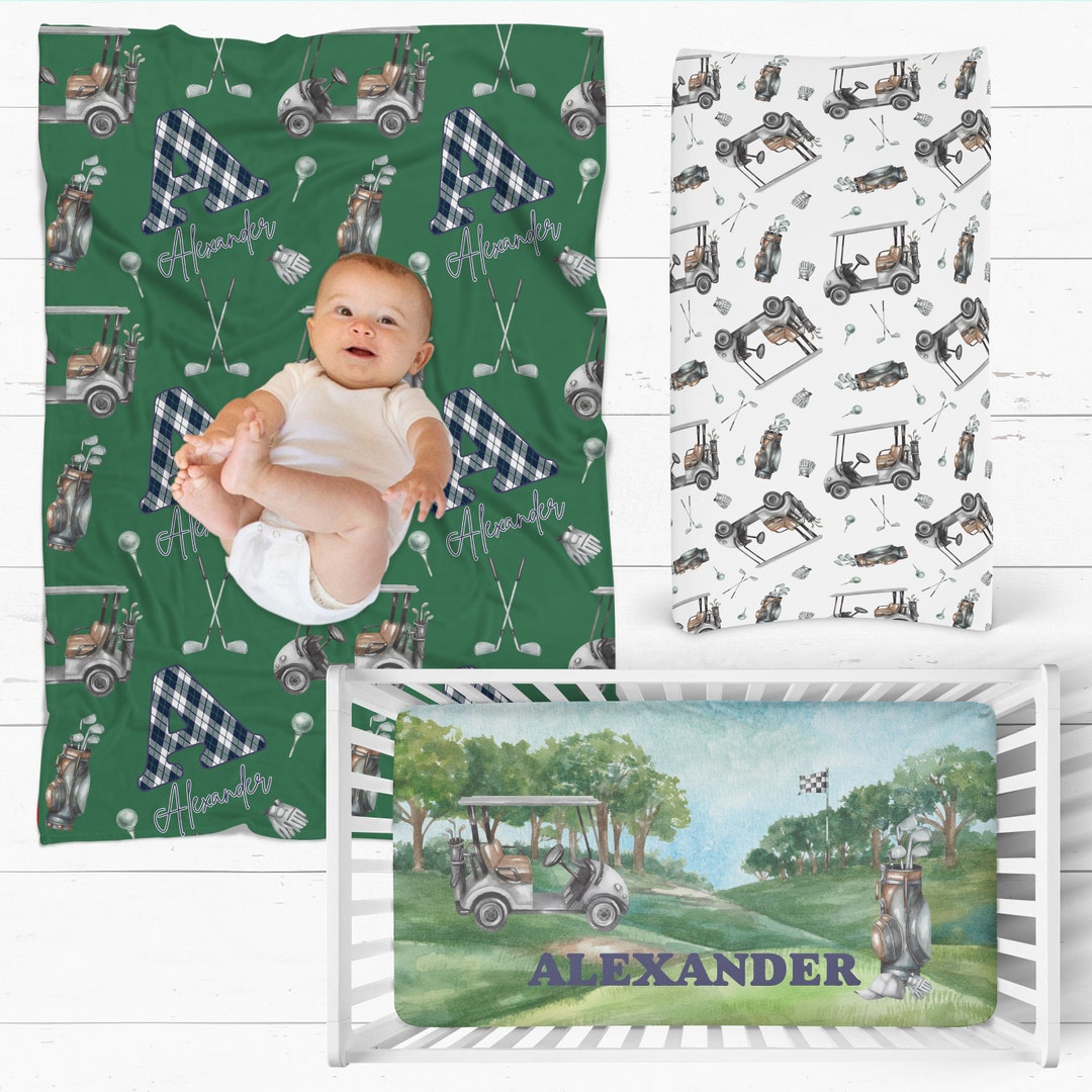 Plaid Golf Baby Blanket With Golf Cart and Clubs Personalized Crib