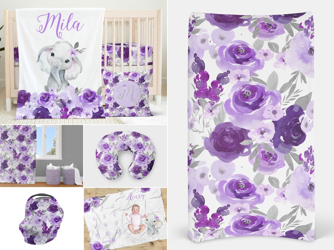 Purple Floral Girl Crib Bedding Set, Elephant, Lilac, Baby Bedding, Crib Sheet, Baby Blanket