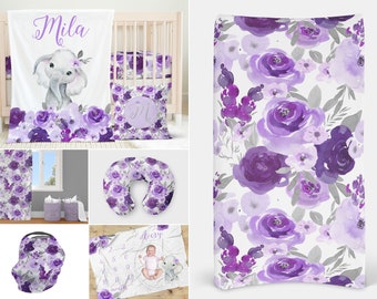 Purple Floral Girl Crib Bedding Set, Elephant, Lilac, Baby Bedding, Crib Sheet, Baby Blanket, Nursery Pillow, Baby Girl Gift, Lavender, Gray