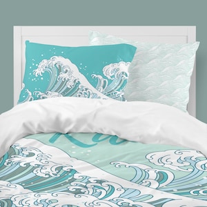 Set di biancheria da letto Ocean Waves, decorazione per la stanza dei surfisti, set di biancheria da letto per bambini piccoli, trapunta doppia, matrimoniale, king size, personalizzato, set di federe, oceano, costiero