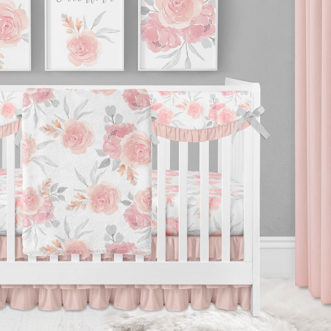 Crib Bedding Set Girl Floral Peach Pink Gray Baby Bedding Etsy