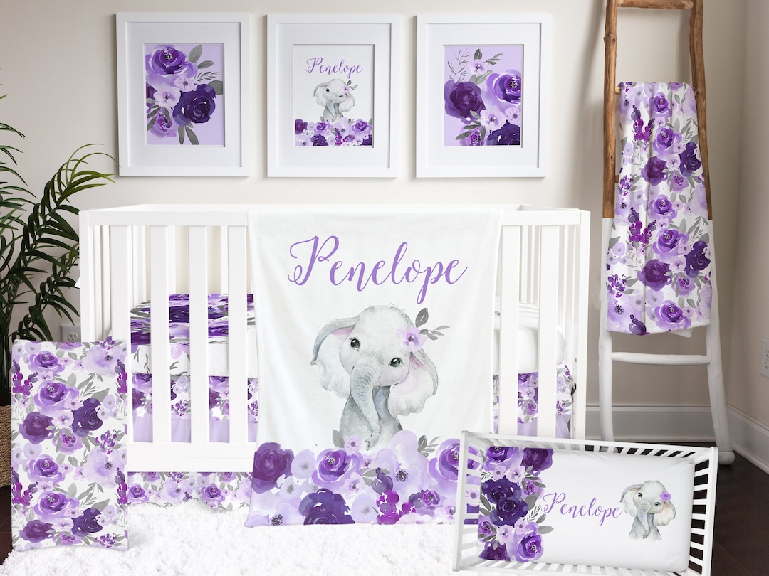 Elephant Baby Bedding Set, Purple Baby Girl Nursery Decor, Floral Crib