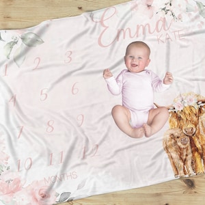 Highland Cow Floral Milestone Blanket for Baby Girl, Months, Personalized with Name, Boho Nursery, Western Nursery Decor, Baby Photo Prop