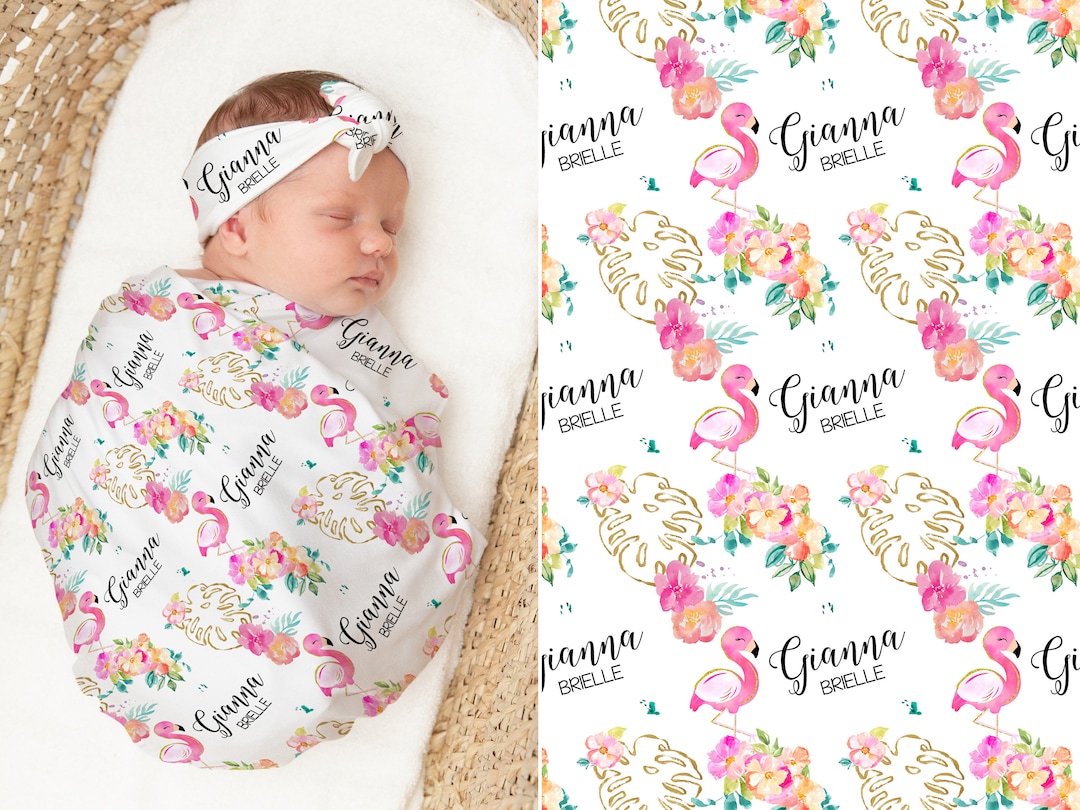 Flamingo Swaddle Blanket Set With Headband, Personalized Baby Gift