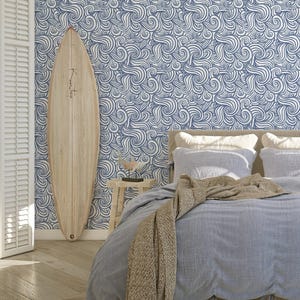 Navy Blue Ocean Waves Wallpaper, Coastal Decor, Boy Nursery Wallpaper, Nautical, Toddler Boys Room, Peel and Stick, Removable