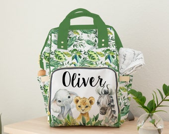 Personalized Jungle Diaper Bag, Backpack, Baby Boy, Safari Nursery Decor, Baby Boy Shower Gift, Elephant, Zebra, Lion, Crib Bedding