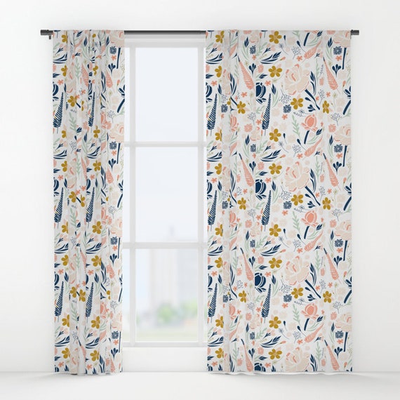Floral Curtains Coral And Navy Nursery Curtain Panels Girls Etsy