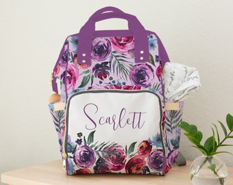 Floral Personalized Diaper Bag, Backpack, Baby Girl, Purple Nursery Decor, Pink, Baby Girl Shower Gift, Name Diaper Bag, Moody Nursery