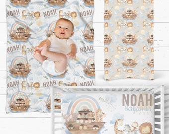 Noah's Ark Baby Blanket with Rainbows and Safari Animals | Add a Crib Sheet or Changing Pad Cover for Baby Shower Gift Set