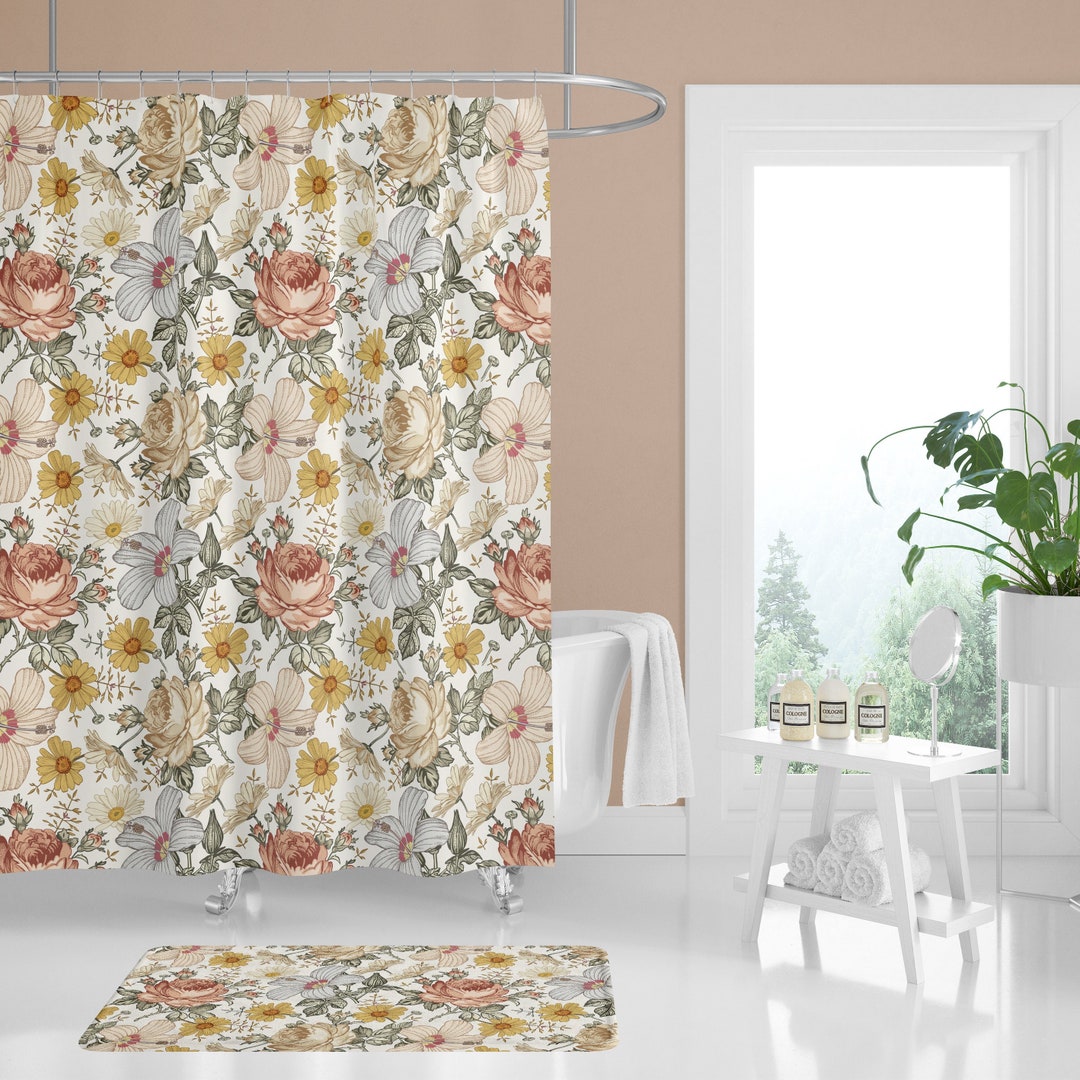 Vintage Floral Shower Curtain, Floral Bathroom Decor, Floral Shower